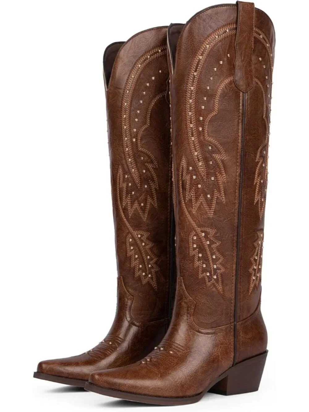 Women's Brown Knee High Cowgirl Boots Pointed Toe Slip on Chunky Heel